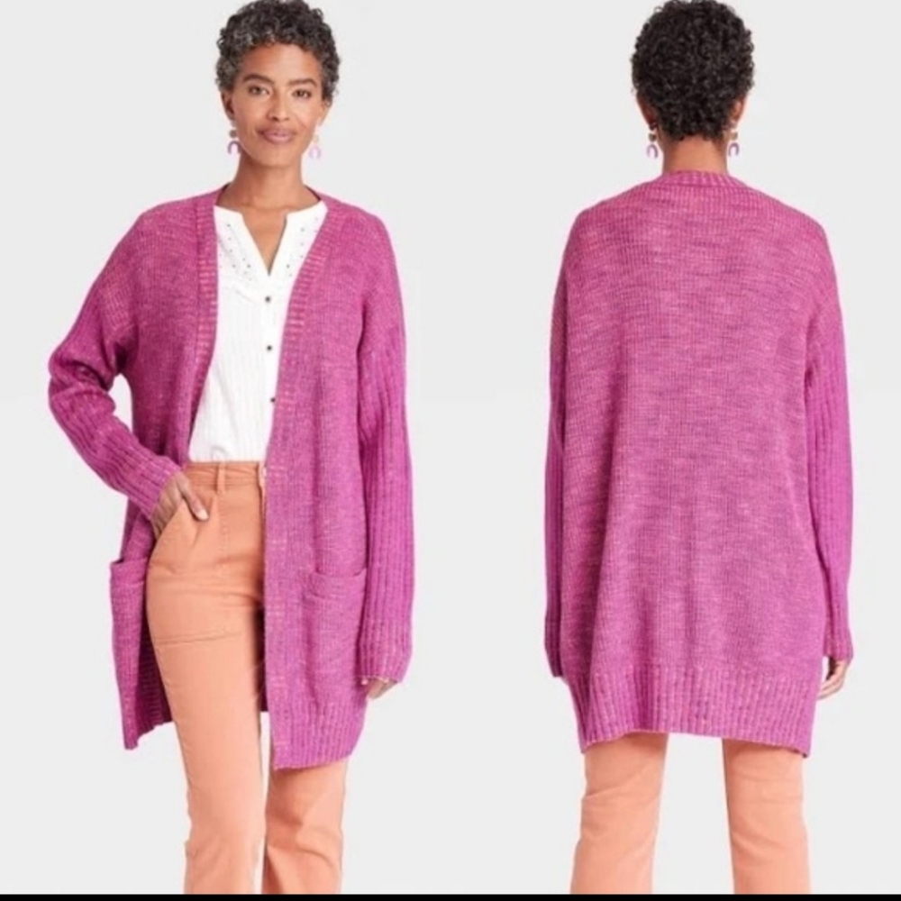 Knox Rose women's marled fuchsia pink open-front knit cardigan sweater XL